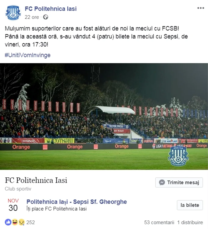 Postarea iniţială a celor de la CSMS Iaşi