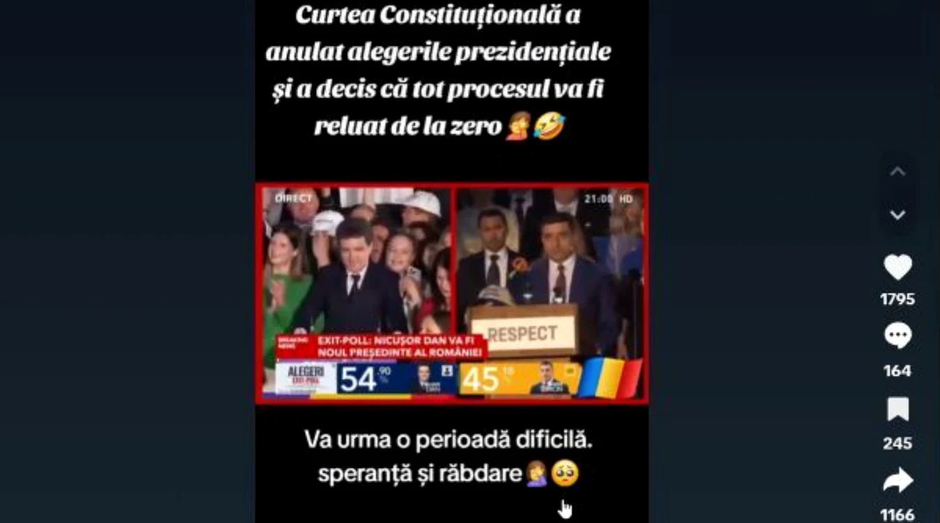 Captură foto cu știrea falsă propagată pe TikTok. FOTO: Pagina de media