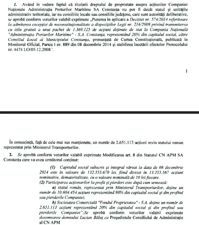 AGA Port Constanţa prin care se decide revenirea acţiunilor la Ministerul Transporturilor