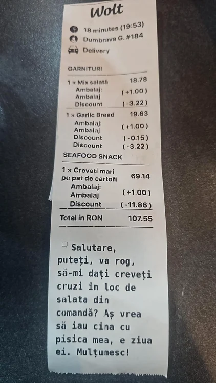 Cererea clientului de pe bonul fiscal / FOTO: Instagram