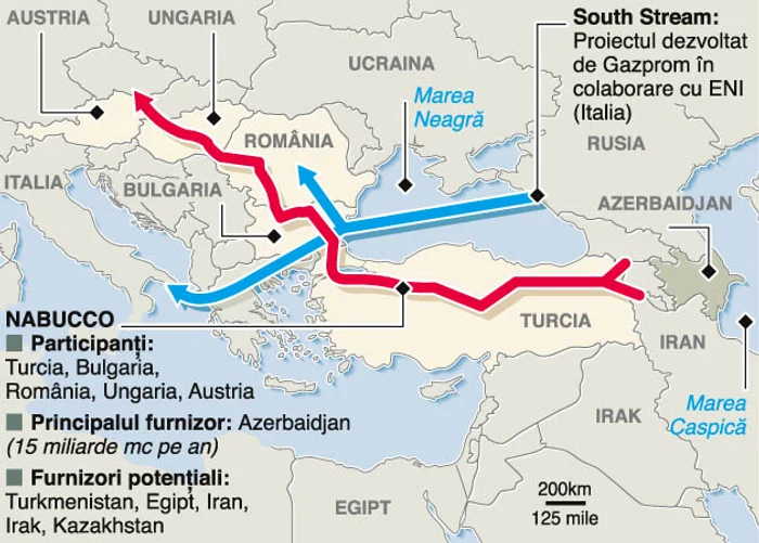 Traseele conductelor Nabucco şi South Stream