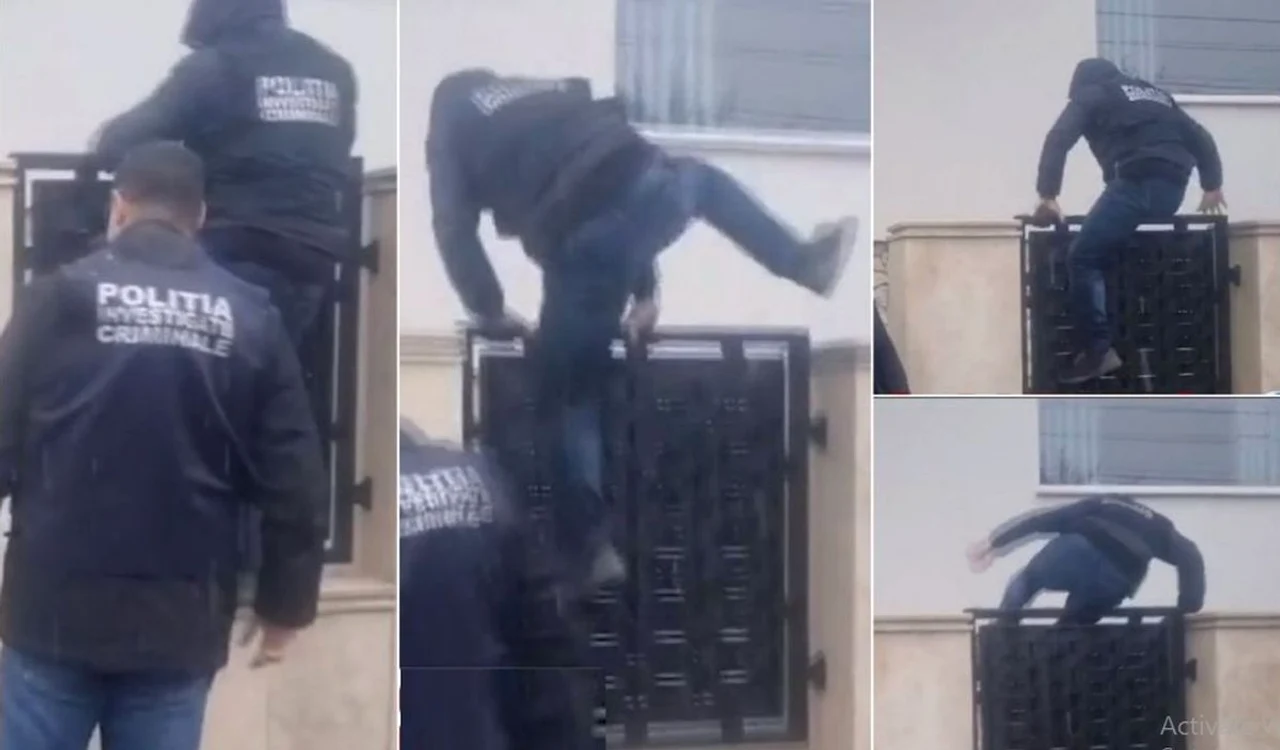 Unul din poliţişti a sărit gardul, deşi poarta era deschisă / foto: captura video