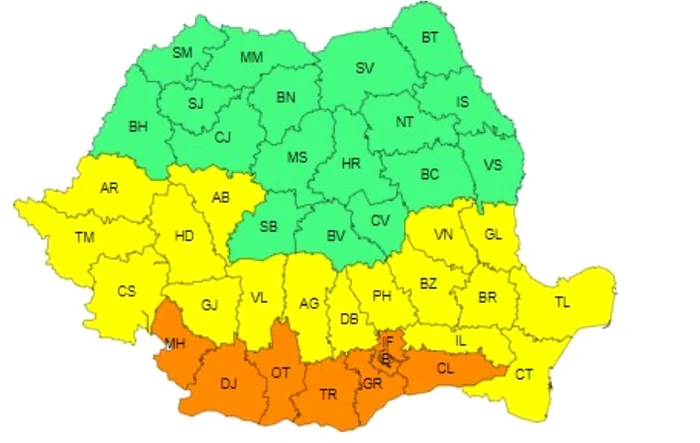 Harta județelor afectate de avertizările meteo valabile vineri, 19 iulie.
