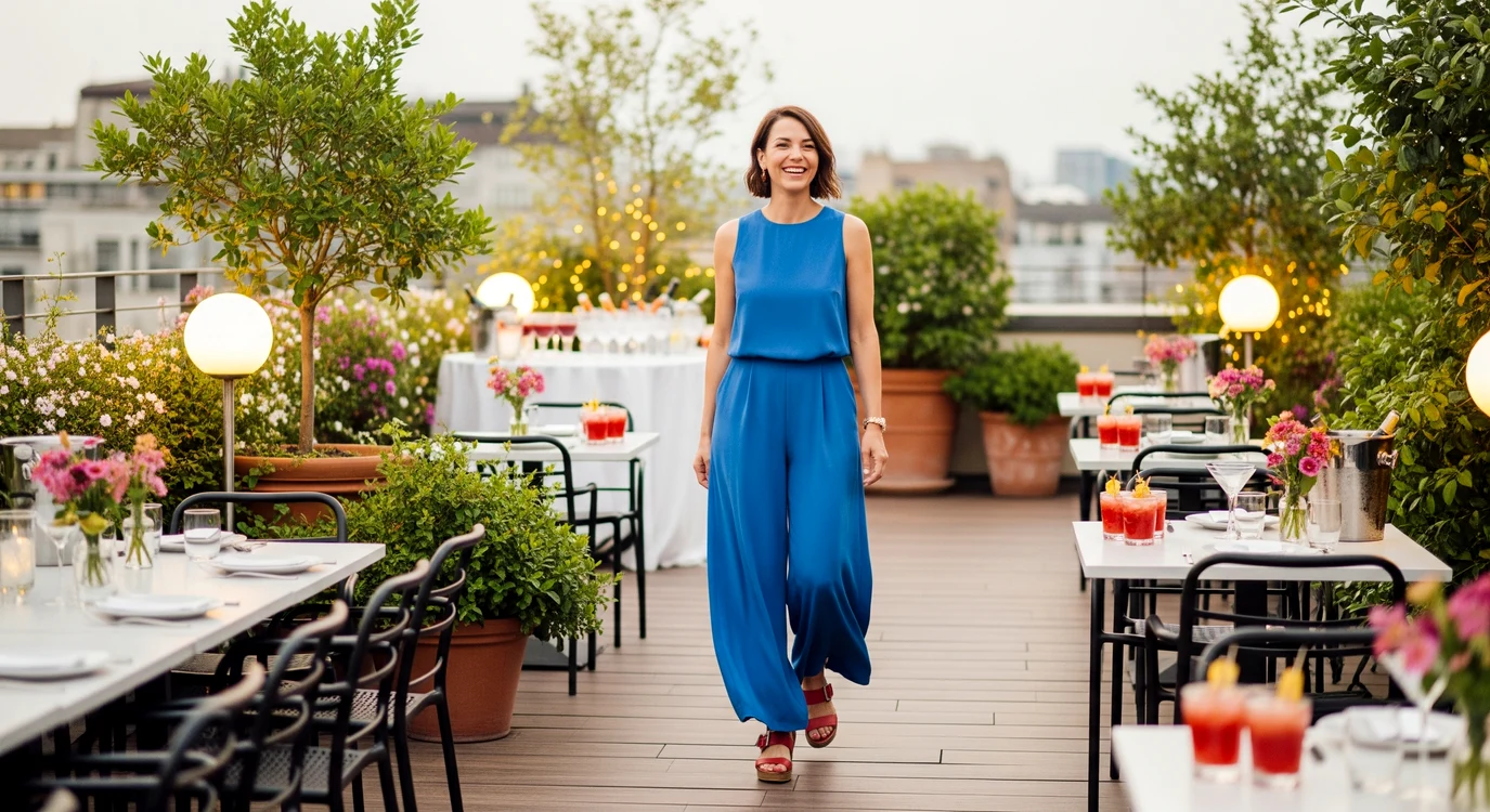 femeie fericita ajunge la eveniment rooftop jpg