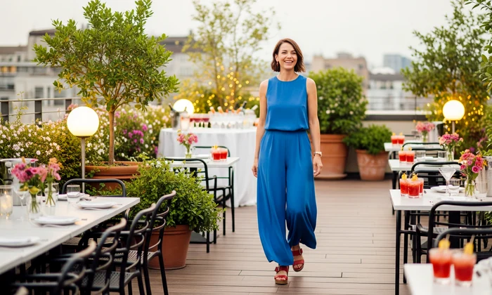 femeie fericita ajunge la eveniment rooftop jpg