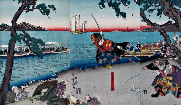 Miyamoto Musashi Fights Sasaki Kojiro at Ganryujima Ukiyo e png