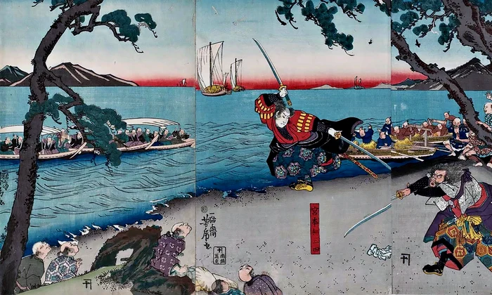 Miyamoto Musashi Fights Sasaki Kojiro at Ganryujima Ukiyo e png