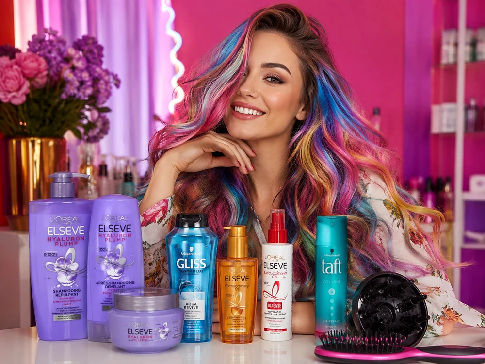Femeie cu păr superb înconjurată de cele mai bune produse universale de haircare 2026 Foto DMS