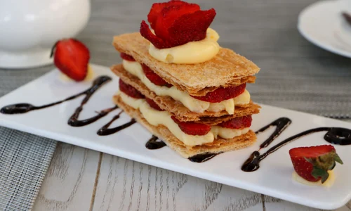 51347563   strawberries mille feuille cake in white plate jpeg
