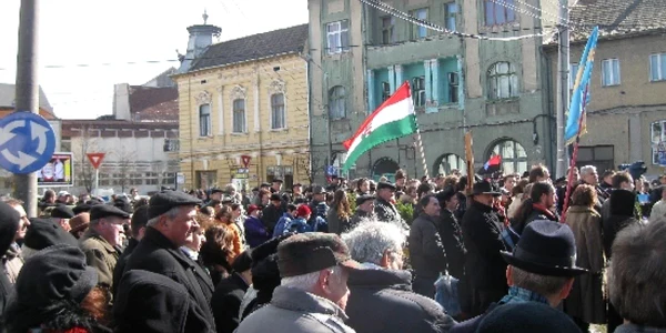 Cei prezenţi la manifestare au arborat steagul Ungarieie şi al Ţinutului Secuiesc