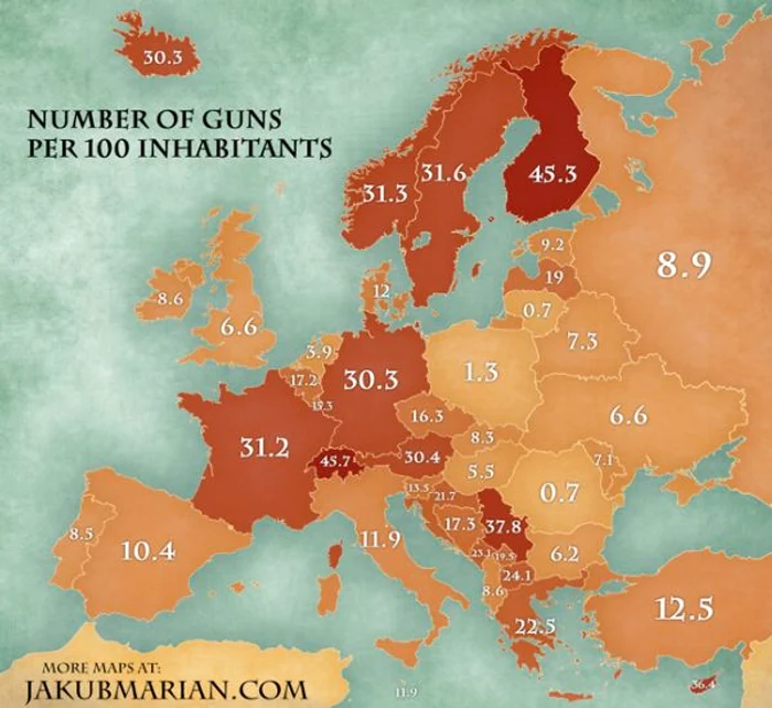 După cum se observă, țările cu cele mai multe arme pe cap de locuitor sunt chiar cele occidentale.
