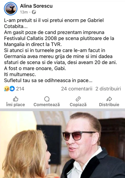 Mesajul Alinei pentru Gabriel / foto: Facebook 
