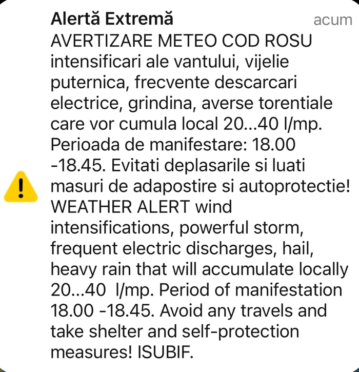 FOTO: Mesaj RO-Alert pentru bucureșteni