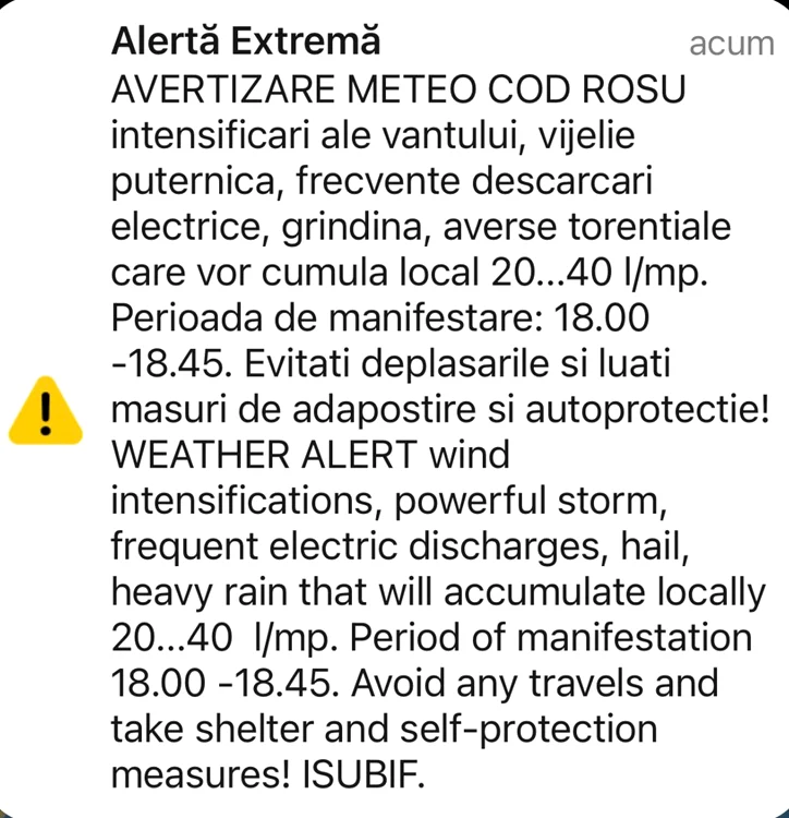 FOTO: Mesaj RO-Alert pentru bucureșteni