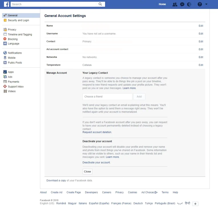Facebook General Account Settings 1