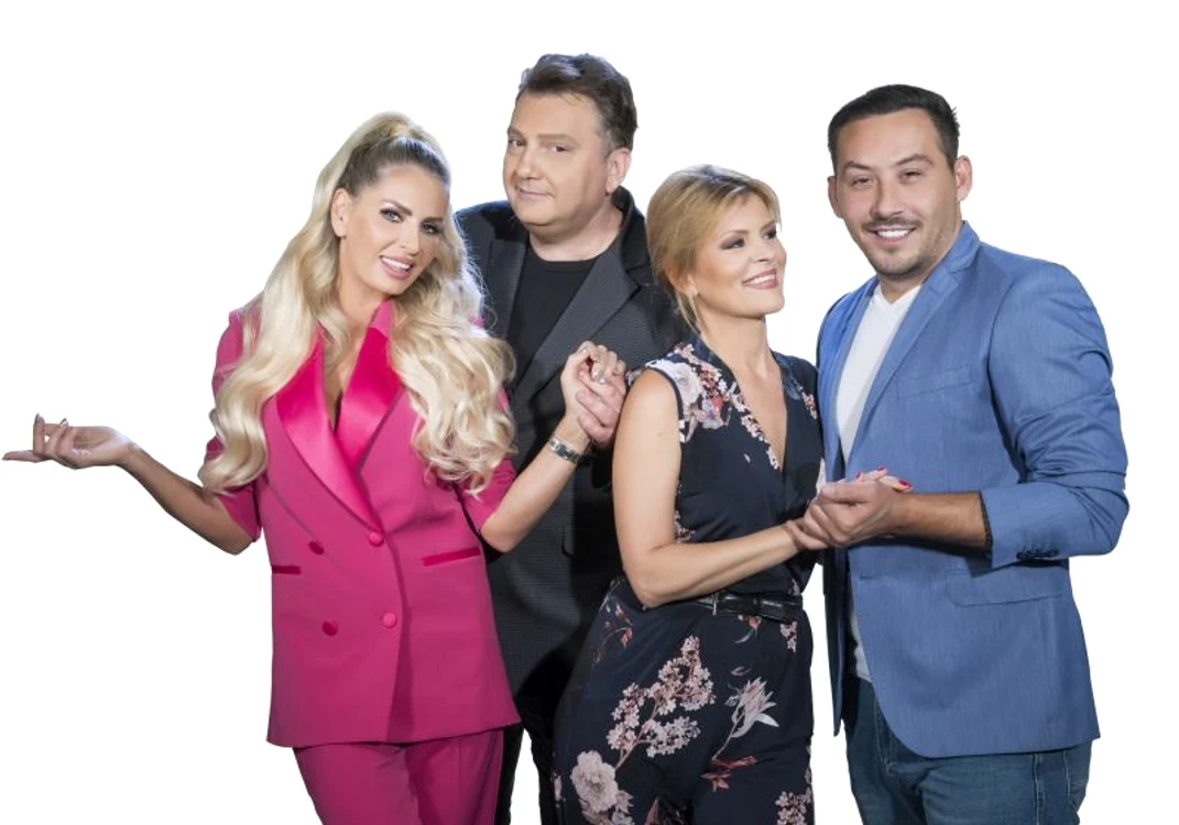 Prezentatoarea Provocarea Starurilor Andreea Bănică şi mentorii Mihai Alexandru, Sanda Ladoşi şi Ştefan Stan