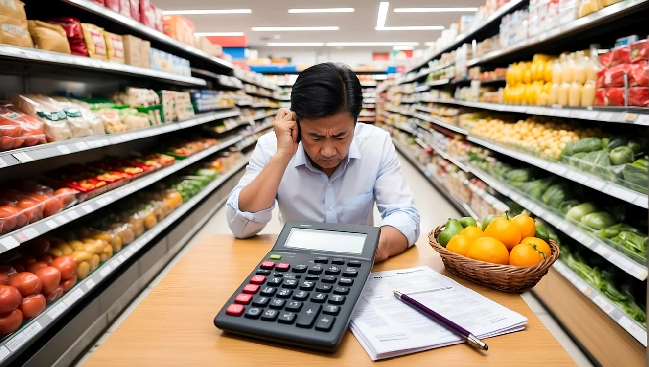 foto barbat care face calcule în supermarket