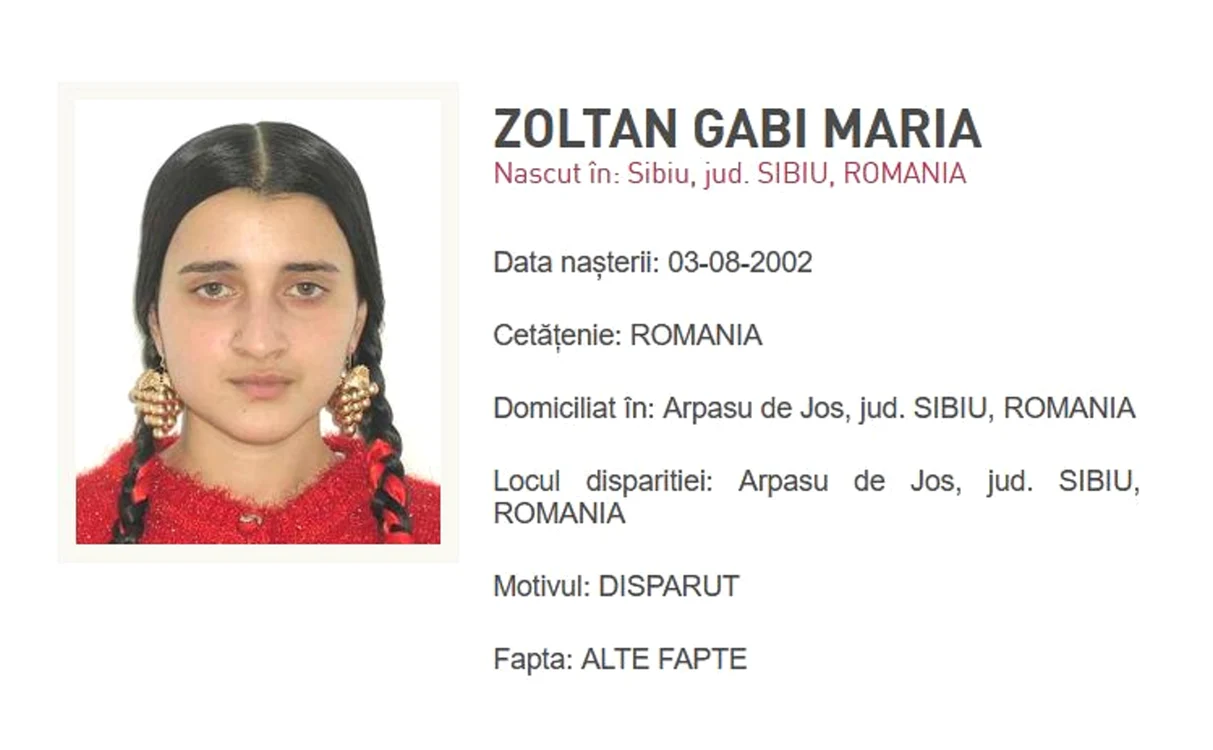 Gabi Maria Zoltan, tânăra răpită din Arpașu de Jos (Sibiu) Foto IPJ Sibiu