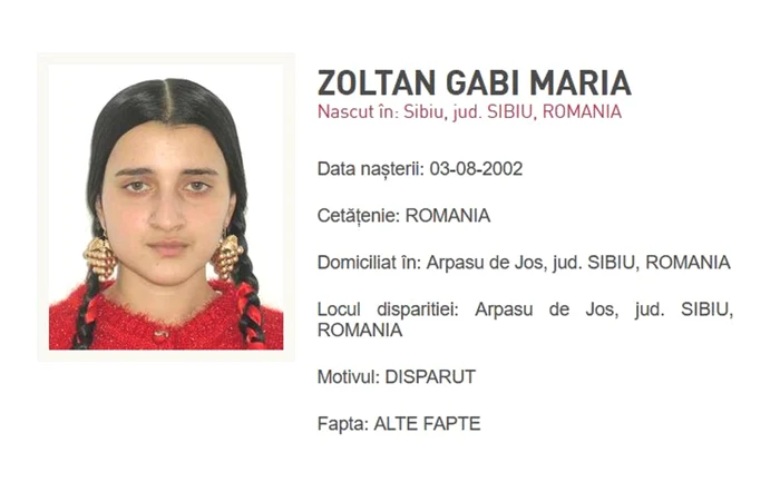 Gabi Maria Zoltan, tânăra răpită din Arpașu de Jos (Sibiu) Foto IPJ Sibiu