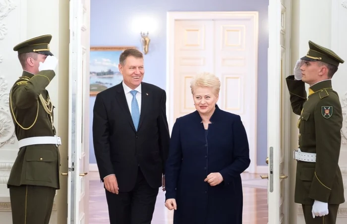 Klaus Iohannis şi Dalia Grybauskaite, intrnd în Palatul prezidenţial din Vilnius Foto: Presidency.ro