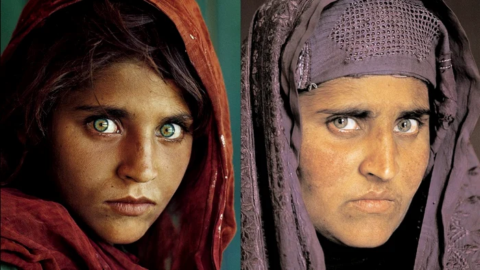 FOTO: National Geographic/ Steve McCurry - Sharbat Gula, în celebrul ei portret pentru National Geographic din 1985 (stânga) şi în 2002 (dreapta)