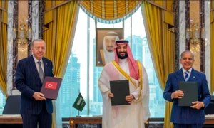 Președintele Turciei, Recep Tayyip Erdoğan, prințul moștenitor al Arabiei Saudite, Mohammed bin Salman, și premierul Pakistanului, Shehbaz Sharif FOTO X