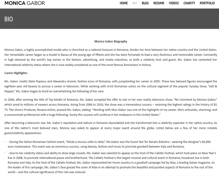 Biografia de pe site-ul monicagabor.com poate fi comparată cu a oricăi mari vedete internaţionale