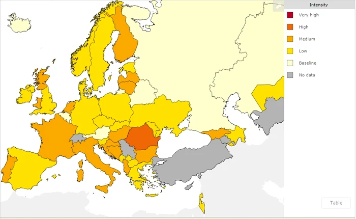 Așa arată harta țărilor din Europa unde se înregistrează cele mai multe cazuri. Culoarea portocaliu închis este peste România, cu cele mai multe cazuri până pe 29 ianuraie 2019