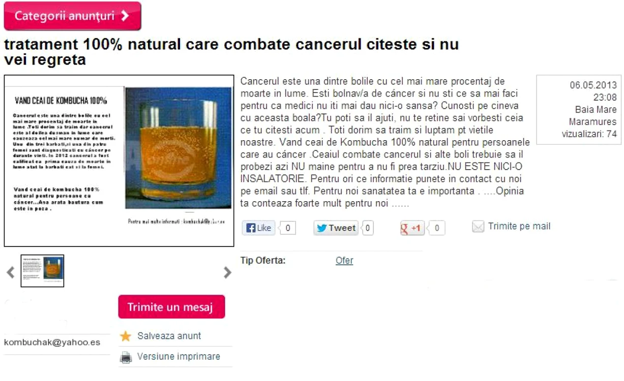 Tratamentul cancerului se poate găsi de vânzare pe unul din site-urile dedicate negoşului on-line