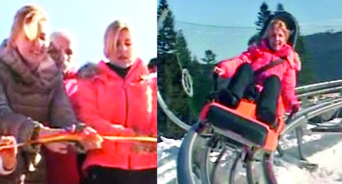 După ce a tăiat panglica cu Roberta, Udrea s-a dat singură cu sania