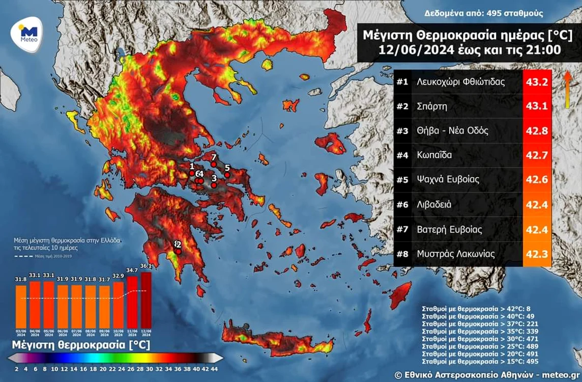Harta temperaturi Grecia 12 iunie - Foto Facebook Greenpeace Grecia