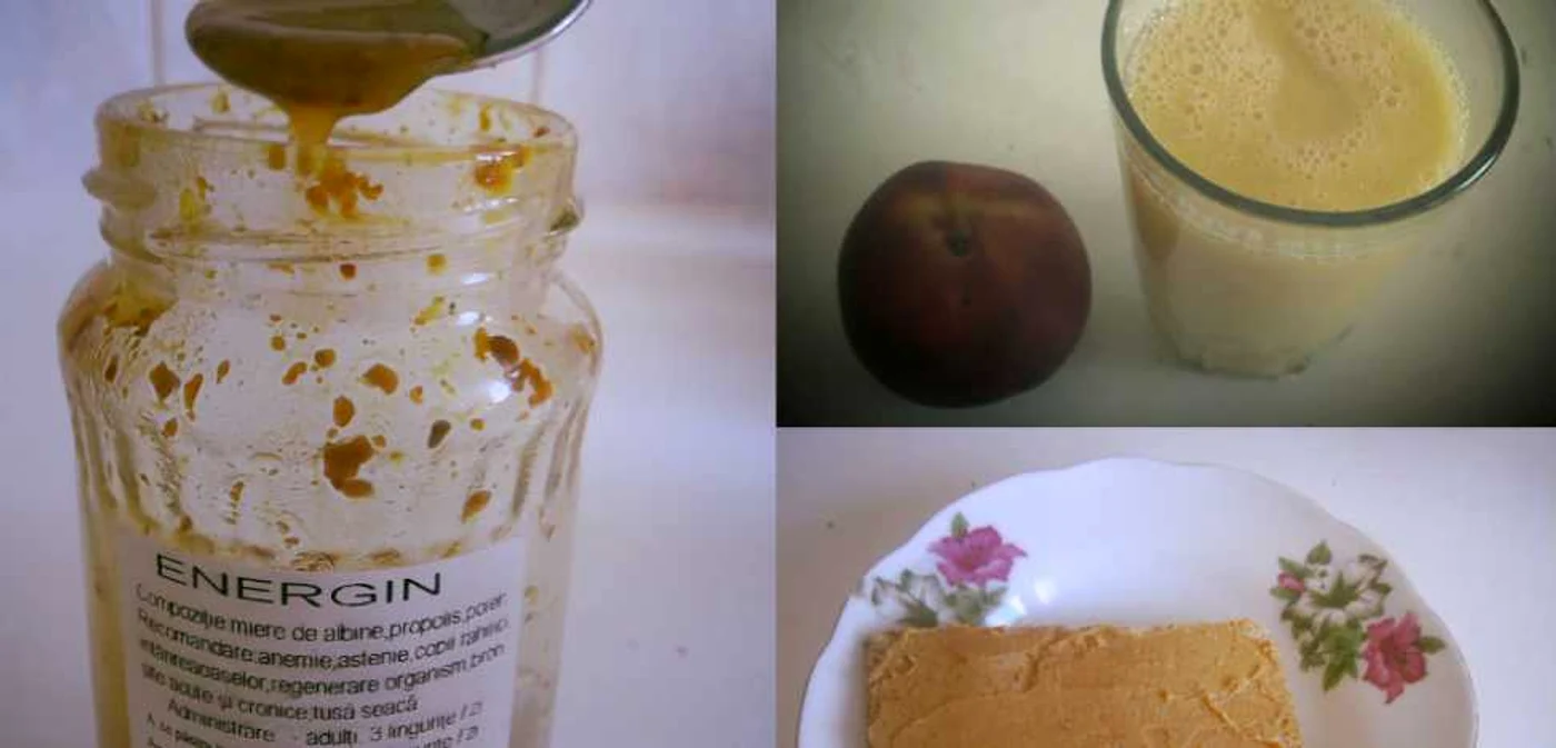 Mic dejun cu miere, propolis si polen, smoothie de fructe si unt de arahide