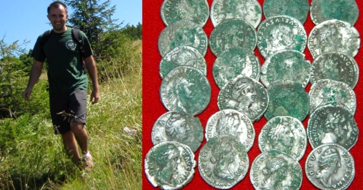 Marius Irimia şi o parte din denarii de argint găsiţi în ianuarie 2016 la Bârgăuani