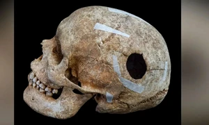 Gaura ovală avea o dimensiune de 3 cm, iar testele inițiale cu radiocarbon sugerează că bărbatul a trăit între anii 772 și 891 d.Hr. (© Cambridge Archaeological Unit / David Matzliach)