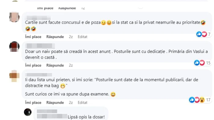 Câteva dintre comentariile postate la anunțul de angajare al Primăriei Vaslui FOTO captură Facebook