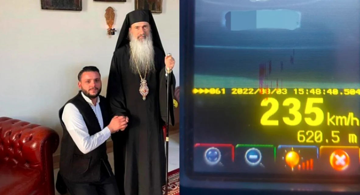 IPS Teodosie alături de șoferul acestuia și viteza surprinsă de radar - colaj