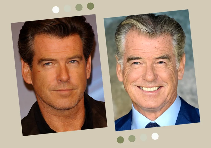 Pierce Brosnan, în tinerete (în stânga) și în prezent (în dreapta) / fotografii: Getty Images.