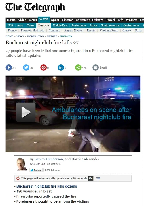 Știrea tragediei din Capitală, pe site-ul The Telegraph