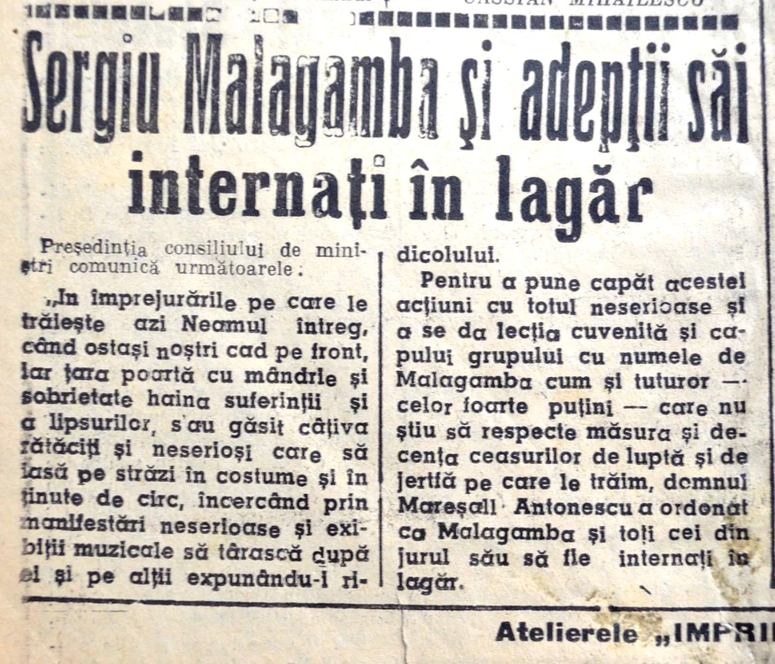Articol de presă despre arestarea lui Sergiu Malagamba 