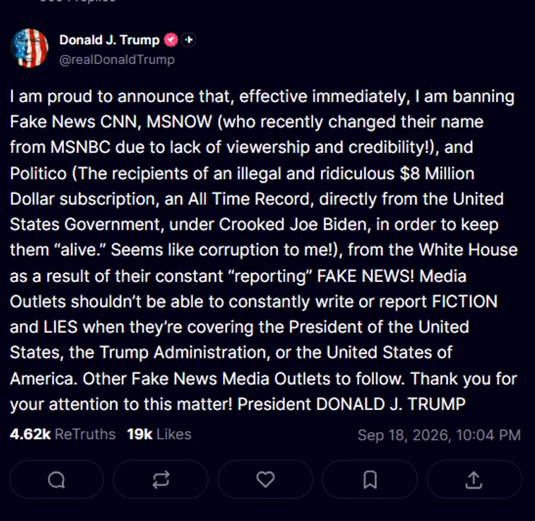 Trump interzice CNN, MSNOW și Politico la Casa Albă. 