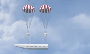 În cazul unei situații de urgență, capsula cu pasageri ar fi detașată de aeronavă și ar ateriza cu ajutorul unor parașute gigant jpeg