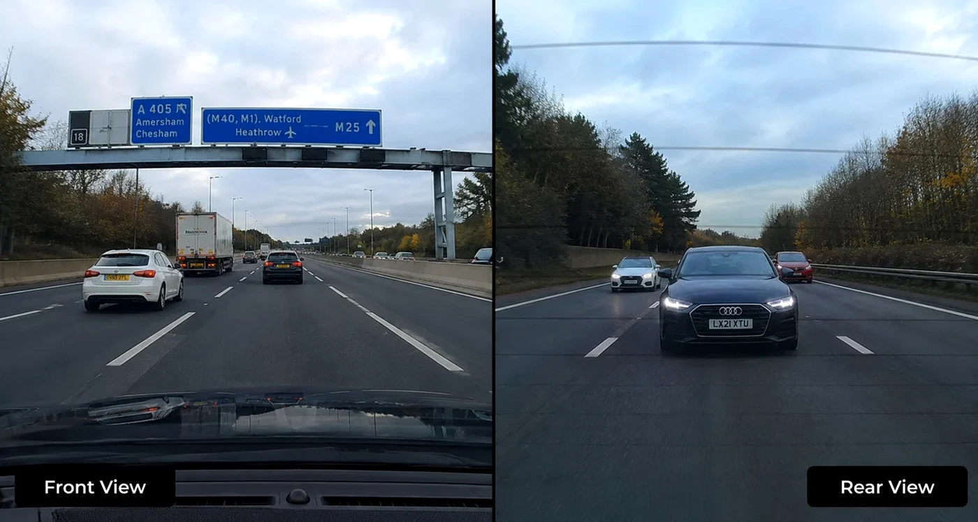 Filmări simultane față și spate realizate de o cameră auto duală în traficul din Marea Britanie