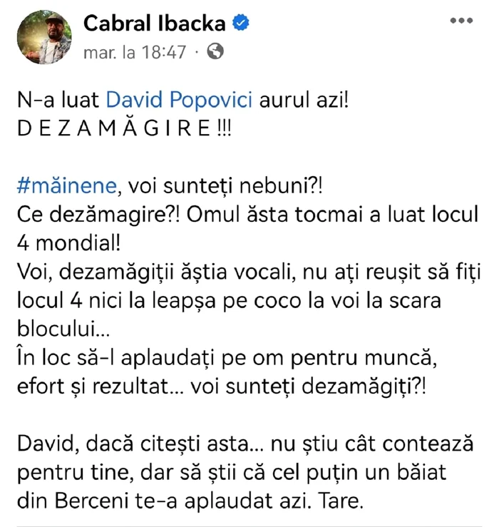 Mesajul postat de Cabral / foto: Captură Facebook