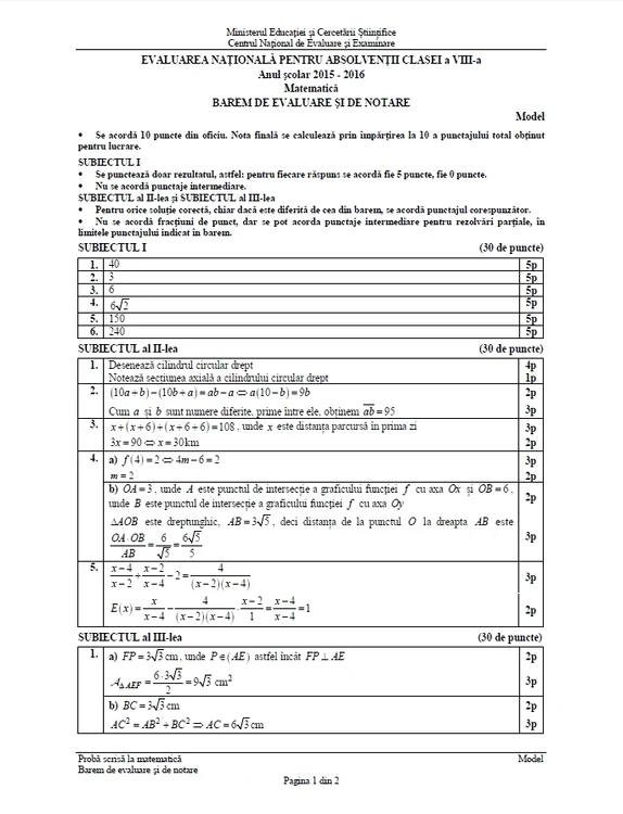 Barem la varianta de subiect la Proba de Matematică de la Evaluarea Naţională 2016