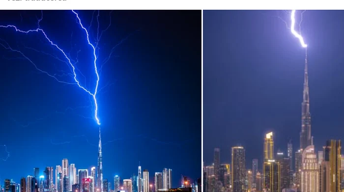 Momentul în care fulgerul loveste Burj Khalifa. FOTO Dubai Media Office 