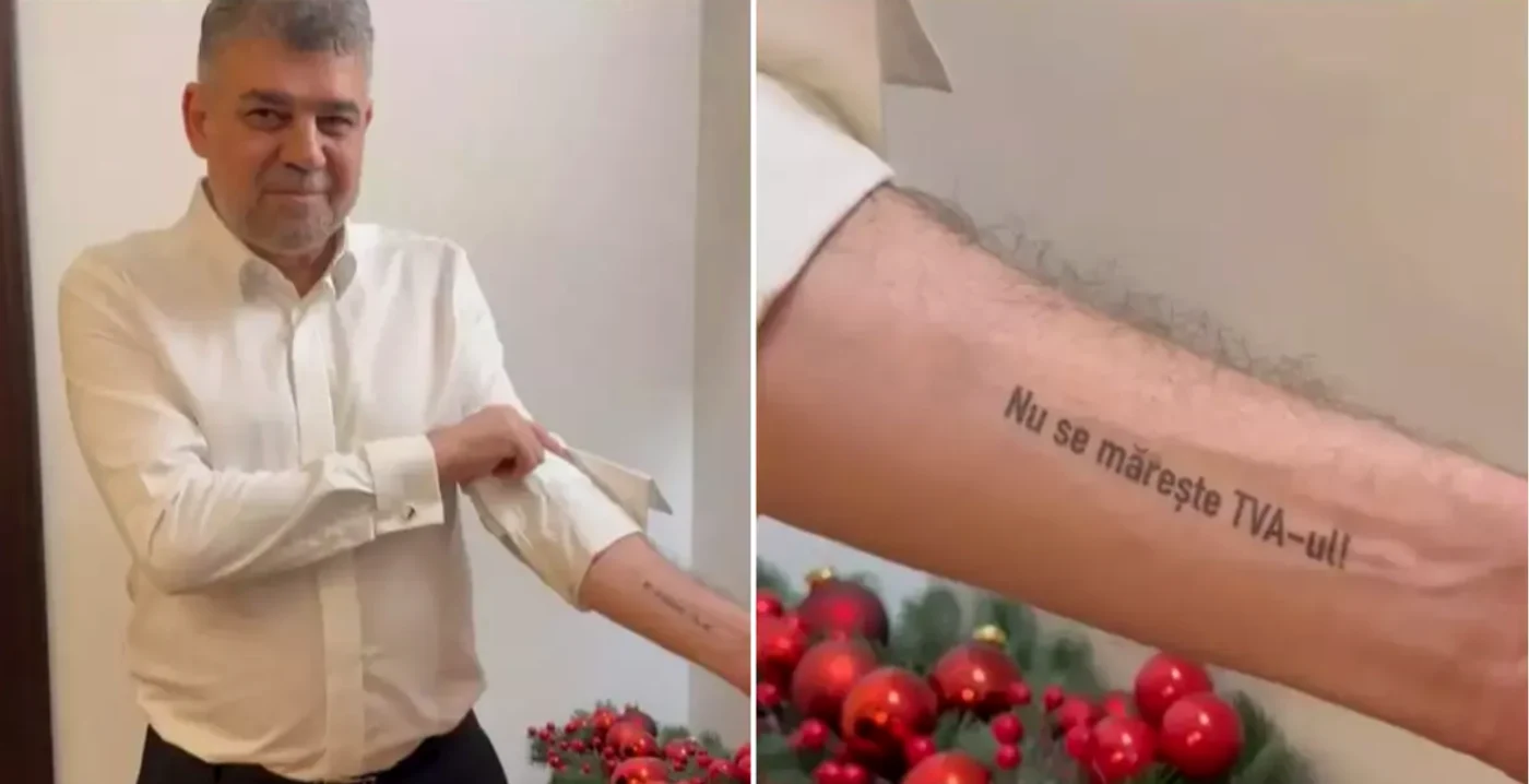 Premierul Ciolacu și-a „tatuat” pe mână mesajul: „Nu se mărește TVA-ul”. FOTO: Tiktok/Ciolacu