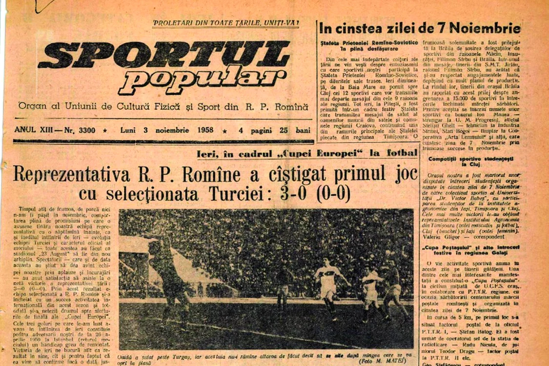 Ziarul „Sportul popular” din 3 noiembrie 1958 anunța victoria României cu 3-0 în fața Turciei 