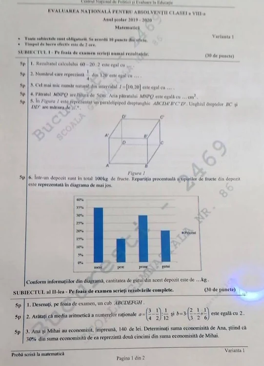 Subiecte Matematică Evaluare Națională 2020, pagina 1