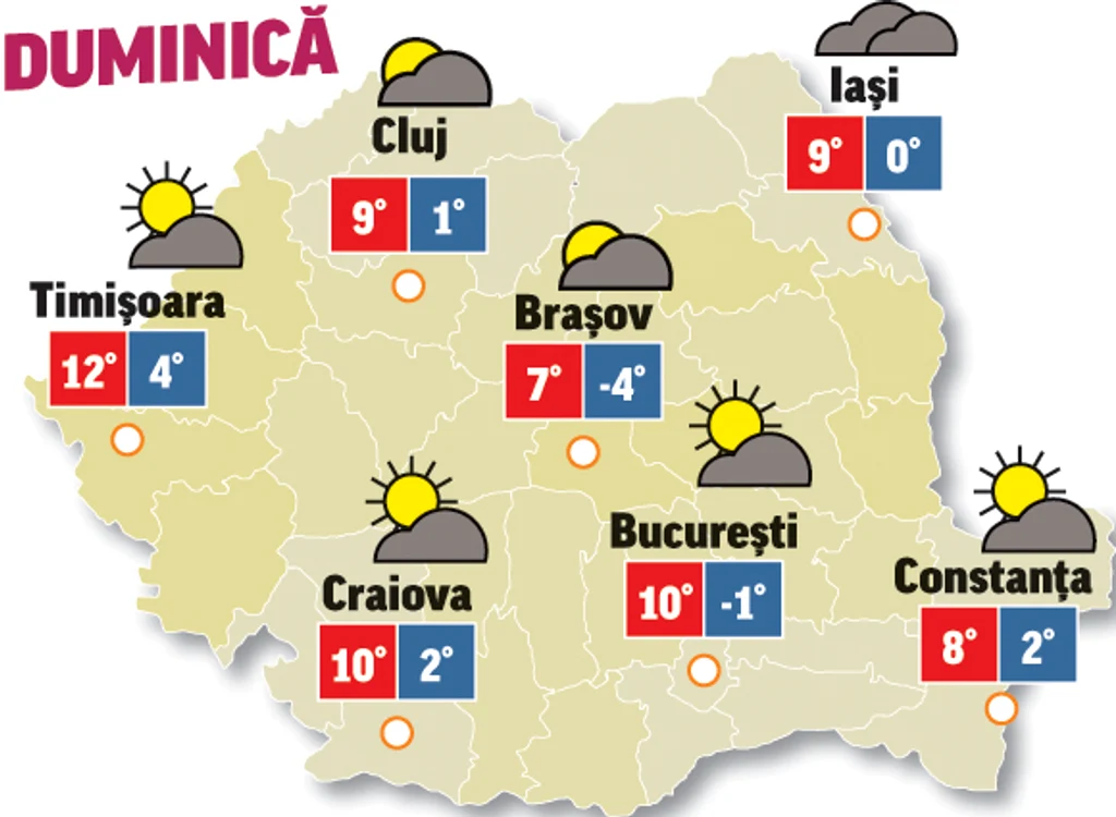 În ultima zi de weekend vremea va deveni mai caldă, cu precipitații doar în zonele intracarpatice