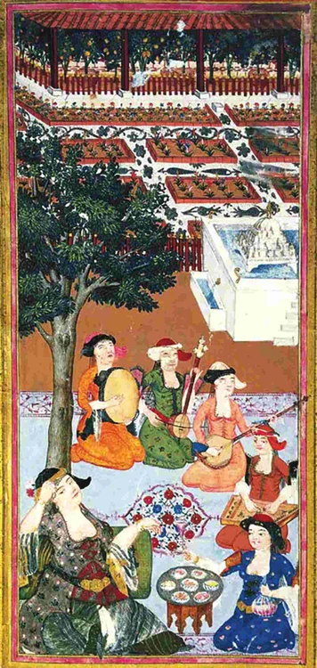 Femei cântând la daira, kemân, tanbûr și santûr (© Free Library of Philadelphia / Penn Museum)
